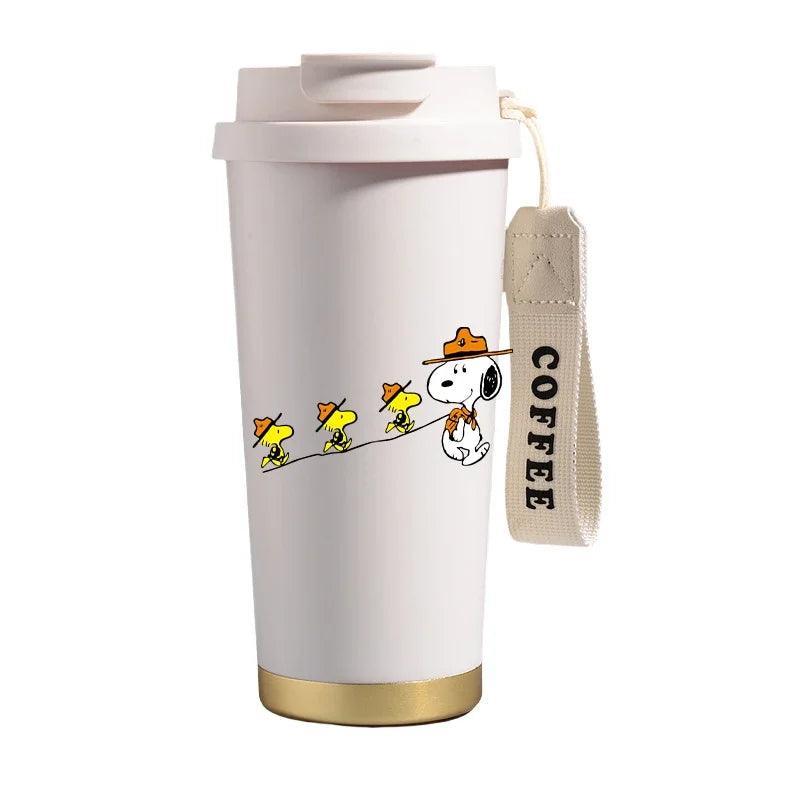 Garrafa térmica de aço inoxidável Snoopys 500ml, anime Kawaii, portátil, viagem, ar livre, carro, chá, café, caneca térmica fria