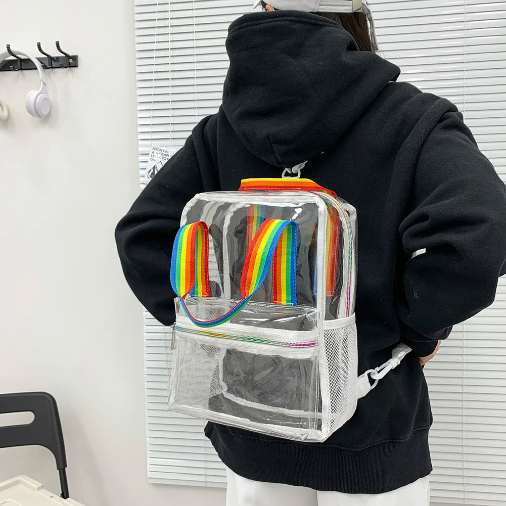 Mochila transparente de PVC para esportes ao ar livre, fitness, casual, viagem, visível, grande capacidade, à prova d'água, alça superior, mochila escolar