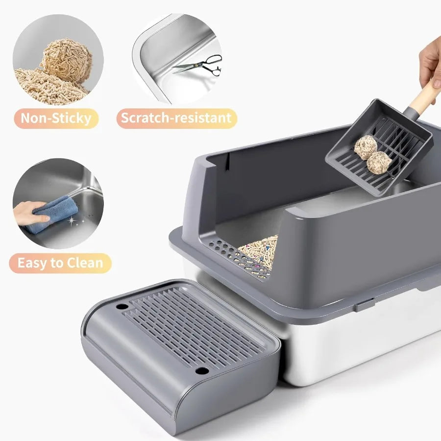 XXL Stainless Steel Enclosed Litter Box with Lid 23.6L x 15.7W x 15.7H for Large Cats High Sided Top Entry Design with Removabl