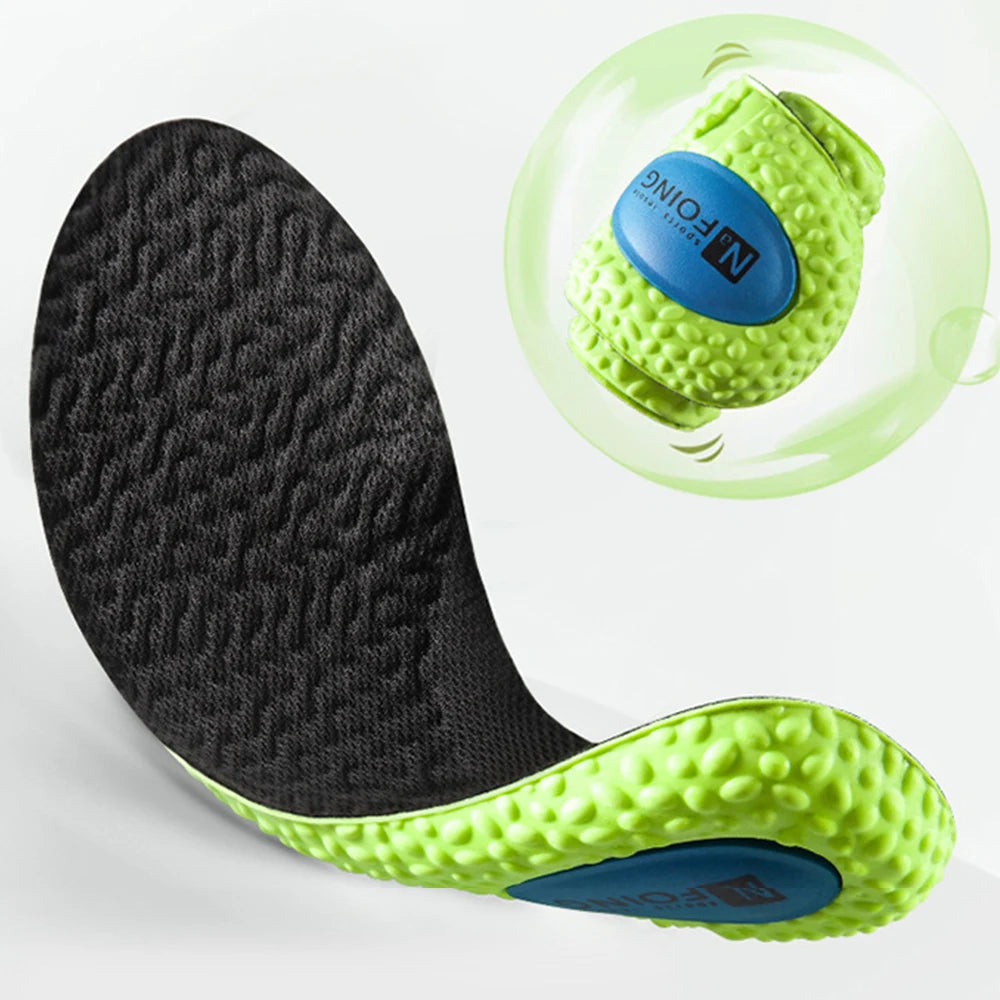 Palmilha esportiva de absorção de choque, espuma de memória de PU verde, suporte de arco respirável, almofada para calçados ortopédicos, homens e mulheres, cuidados com os pés