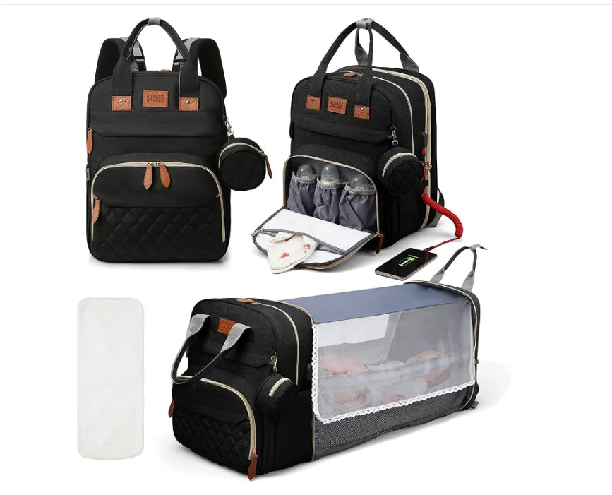 Mochila para fraldas 3 em 1, dobrável, para berço de bebê, à prova d'água, com carregador USB, mochila para fraldas e trocador, 3 tipos