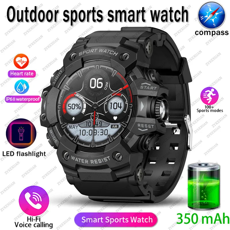 Novo relógio inteligente esportivo robusto para atividades ao ar livre 2025, masculino, com chamada Bluetooth, colorido, IP68, à prova d'água, bússola militar, relógio inteligente, lanterna