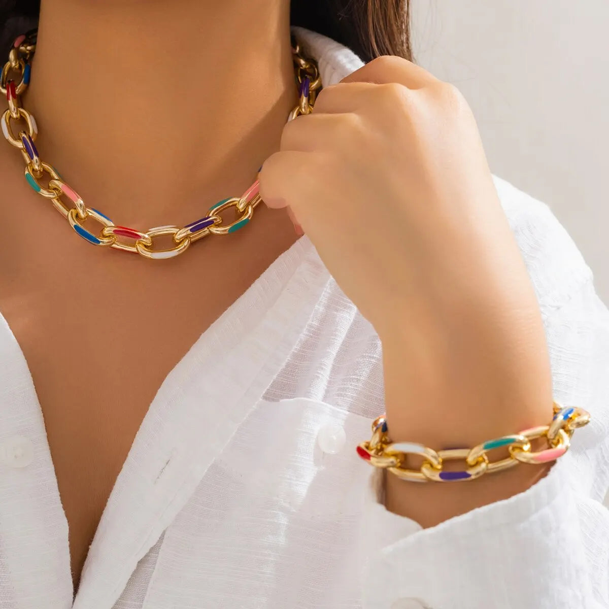 Conjunto de 2 peças de colar e pulseira de gargantilha boêmia colorida, conjunto de joias com corrente cruzada clássica, acessórios para mulheres, presente e festa
