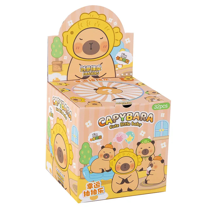32 unidades/caixa bolsa surpresa de capivara fofa com desenho animado borracha material de papelaria para estudantes atacado
