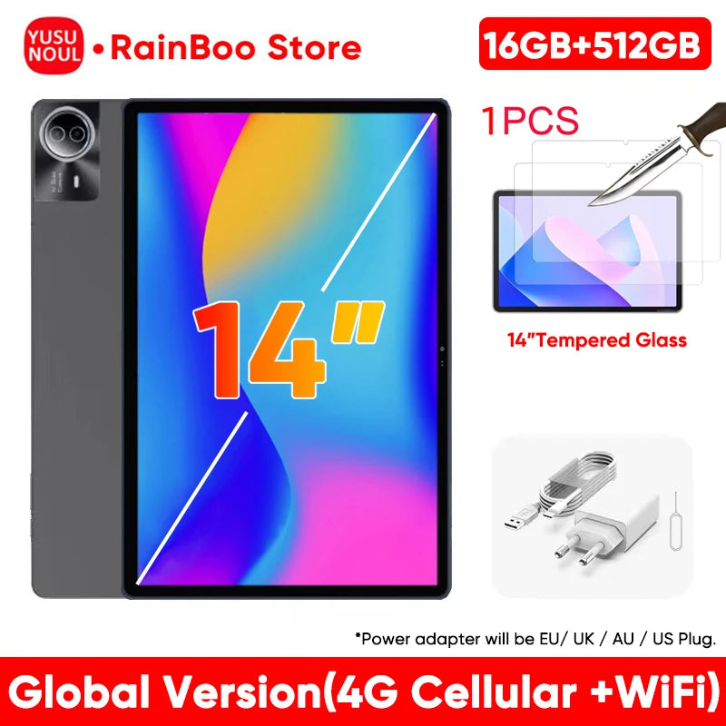 Tablet Android 14 de 14 polegadas com firmware global, tela FHD 2K, 16 GB e 512 GB, novo firmware global de 2025, compatível com Android 14, 5G e Wi-Fi, com suporte para GPS e laptop