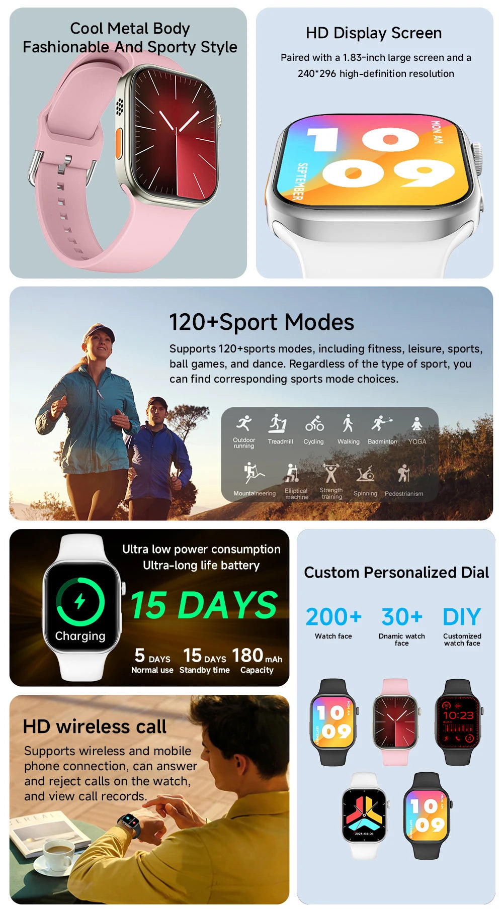 Relógio inteligente 2025 com tela HD de 1,83" e chamada Bluetooth, monitoramento de frequência cardíaca, mais de 120 modos esportivos, à prova d'água para homens e mulheres, relógio inteligente para presente