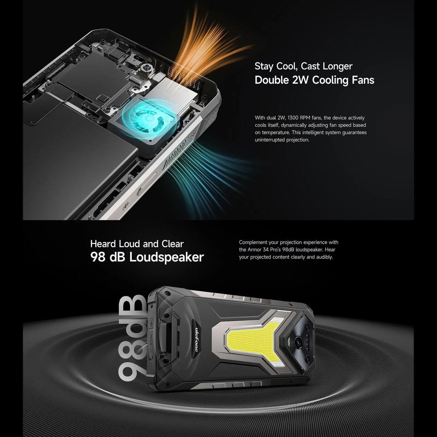 Ulefone Armor 34 Pro 5G, telefone robusto com IA, 32 GB + 512 GB, 25.500 mAh, 6,95" com projetor integrado, 120 Hz, Android 15, MTK 7300, NFC
