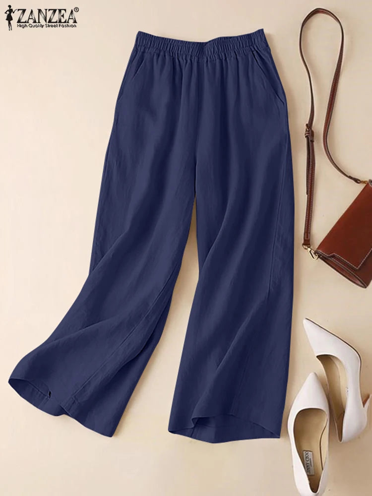 Calças femininas ZANZEA de verão com pernas largas, de algodão, para primavera, soltas, com cintura elástica, estilo palazzo, da moda 2023, lisas, casuais, compridas