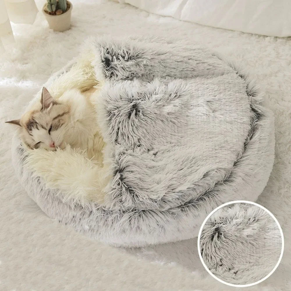Cama de pelúcia longa e macia para animais de estimação, fechada, redonda, almofada para gatos, confortável, saco de dormir, ninho para gatos, canil para pequenos animais de estimação