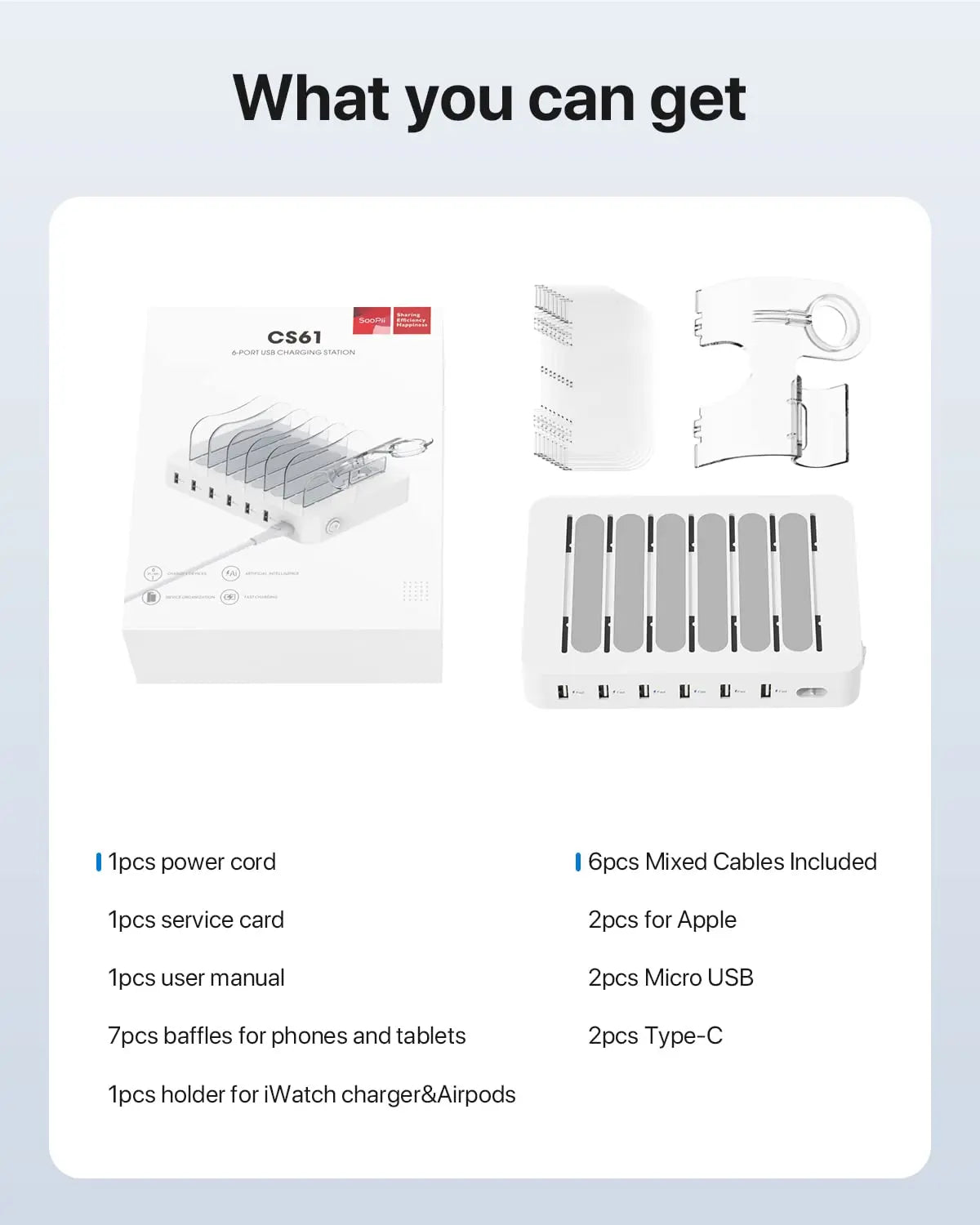 Estação de carregamento USB SooPii 50W/10A com 6 portas para casa e escritório. 6 cabos incluídos para telefones, tablets e outros eletrônicos.