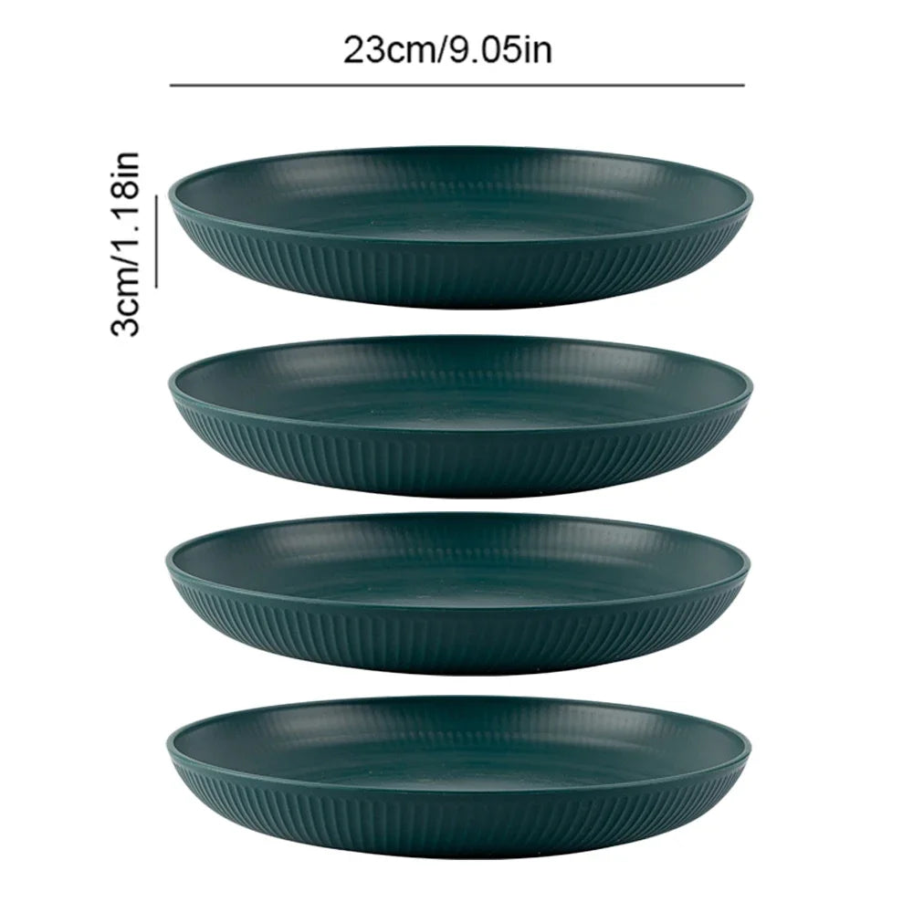 Prato redondo de 23 cm para salada, sobremesa, jantar, empilhável, inquebrável, reutilizável, 4 peças, canudo de trigo, próprio para micro-ondas, prato de frutas para jantar
