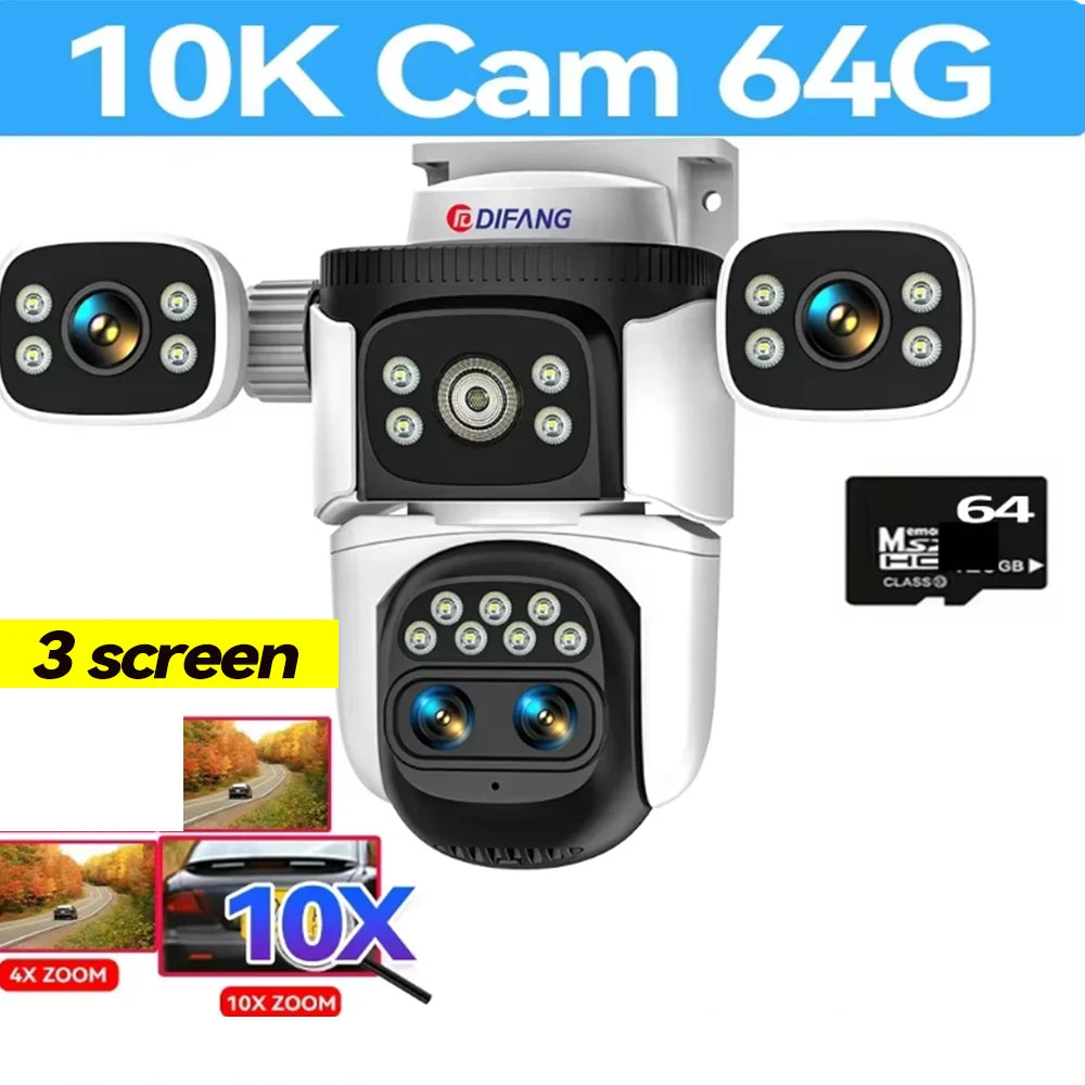 Câmera externa 10K com zoom óptico de 10X WiFi6, tela de 20MP rThree, quatro lentes PTZ, rastreamento automático, lente dupla 6K, à prova d'água, CFTV de segurança