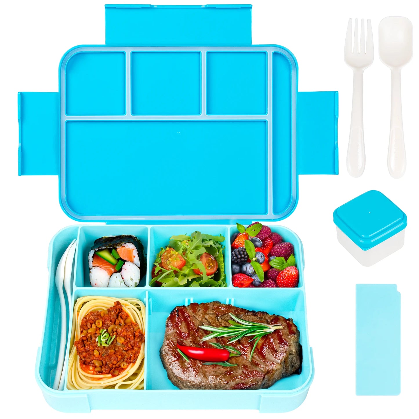Lancheira Bento para adultos de 1330 ml, recipientes para alimentos com 6 compartimentos e utensílios de mesa para lanches, trabalho, escola, forno de micro-ondas, aquecimento