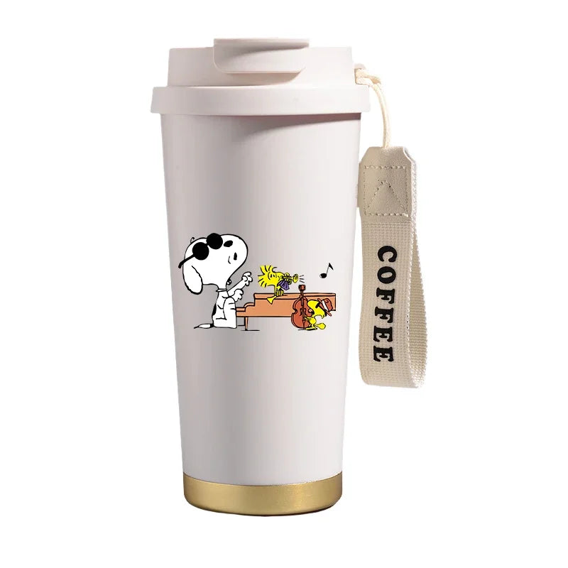 Garrafa térmica de aço inoxidável Snoopys 500ml, anime Kawaii, portátil, viagem, ar livre, carro, chá, café, caneca térmica fria