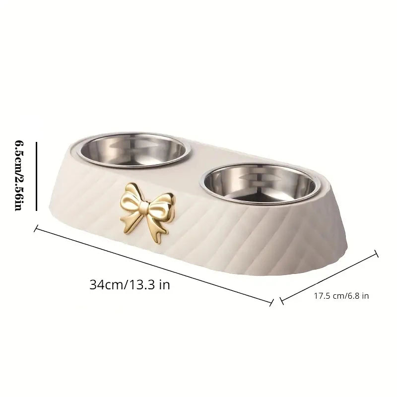Tigela de comida para gatos com laço e laço para animais de estimação, tigela de PP com base para cães, tigela dupla de aço inoxidável, acessórios para animais de estimação, tigela dupla para alimentação e bebida
