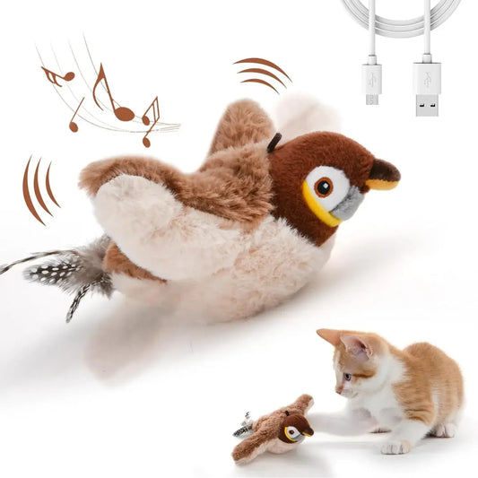 Brinquedos interativos para gatos, brinquedo de pelúcia recarregável para gatos, pássaro voador que canta e bate as asas (sem voar), pode adicionar catnip e brinquedo de pelúcia ativado por toque
