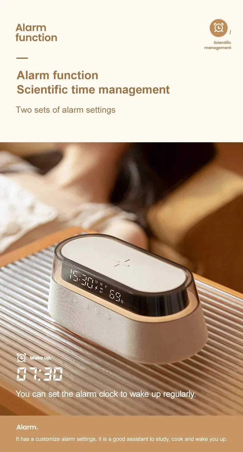 Despertador inteligente 6 em 1 - Carregador sem fio de 15 W, alto-falante Bluetooth, rádio FM, alarme duplo, carregador USB e luz noturna RGB