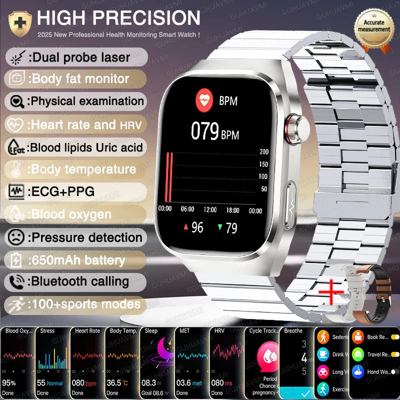 Novo relógio inteligente para Android e iOS, monitor de saúde, masculino e feminino, com precisão de ECG e PPG para ácido úrico e pressão arterial, análise de órgãos e corpo, 2025