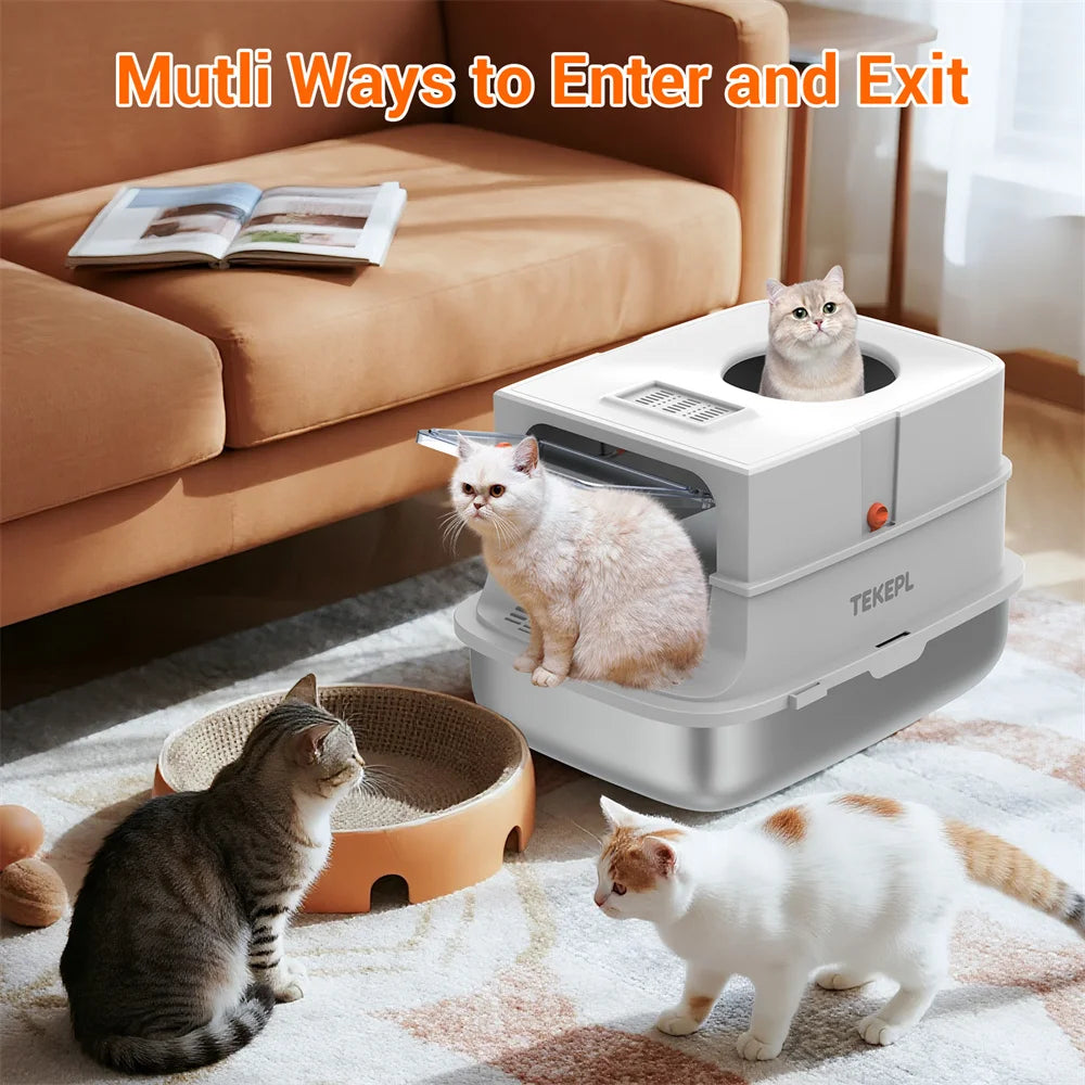 Caixa de areia para gatos de aço inoxidável com tampa, caixa de areia de metal extra grande para gatos grandes, com laterais altas e pá, fácil de limpar