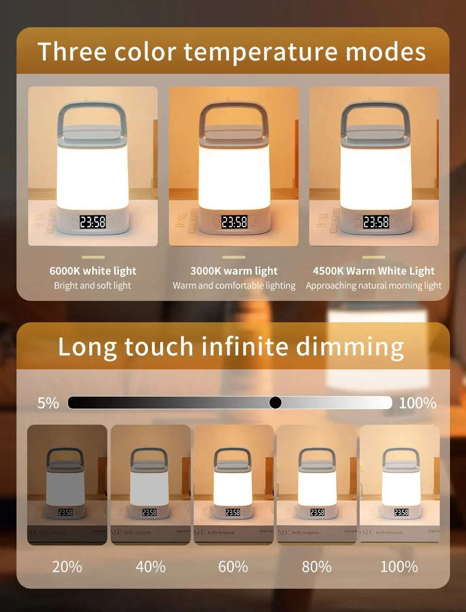 Lâmpada noturna LED com controle remoto e display de hora ou sem proteção para os olhos, lâmpada de leitura, luz noturna de cabeceira recarregável