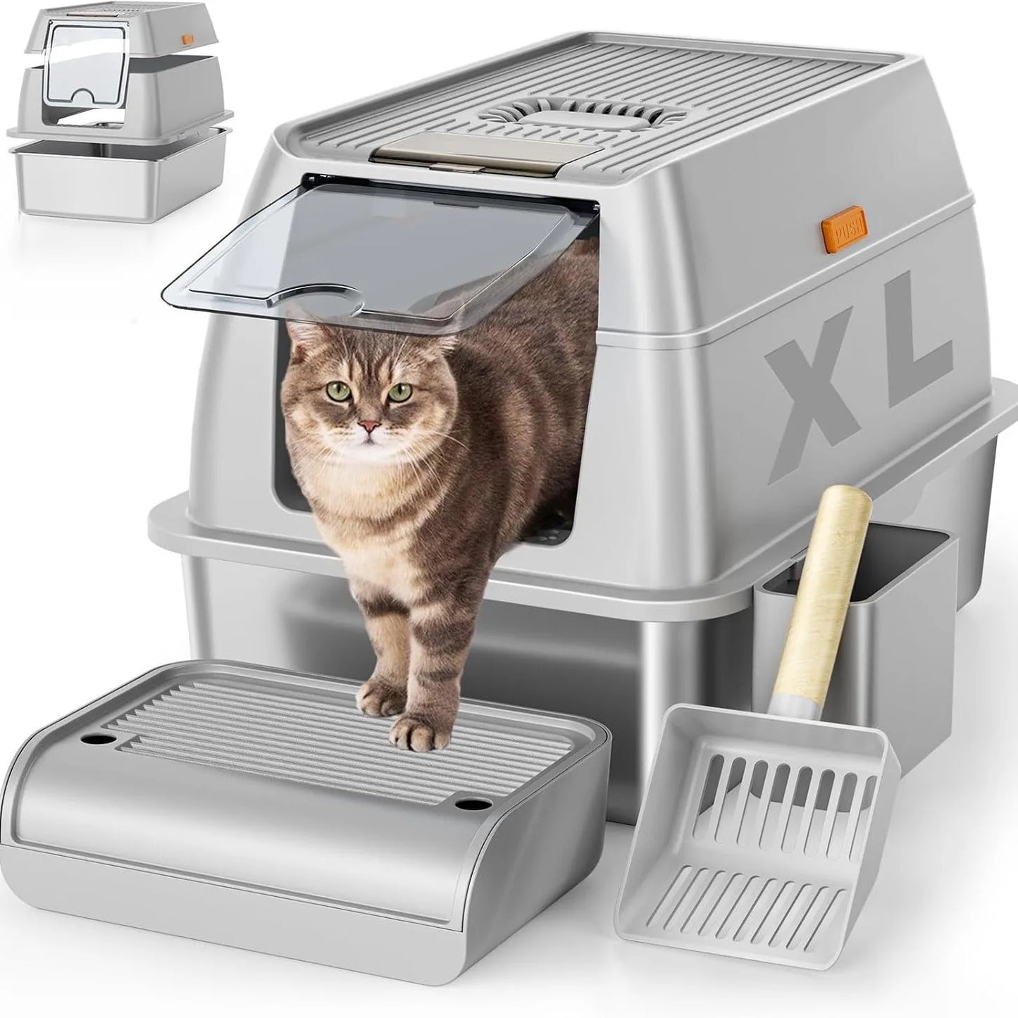 Caixa de areia para gatos extra grande, à prova de odores, de aço inoxidável, com bandeja de areia fechada, suprimentos para animais de estimação