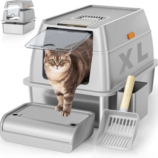 Caixa de areia para gatos extra grande, à prova de odores, de aço inoxidável, com bandeja de areia fechada, suprimentos para animais de estimação