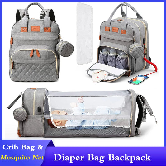 Mochila para fraldas 3 em 1, dobrável, para berço de bebê, à prova d'água, com carregador USB, mochila para fraldas e trocador, 3 tipos