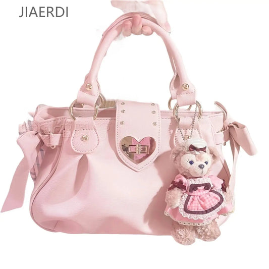 Bolsa de mão rosa com laço doce Lolita, bolsa feminina Harajuku Love Heart, bolsa transversal macia, bolsa de ombro feminina Kawaii de grande capacidade