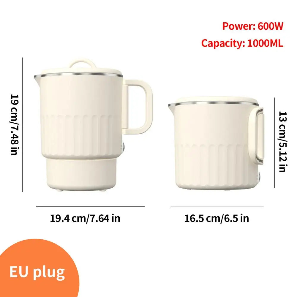 Chaleira elétrica dobrável de viagem de 1 litro para ferver água, máquina de fervura rápida com suporte para ovos cozidos no vapor para piquenique