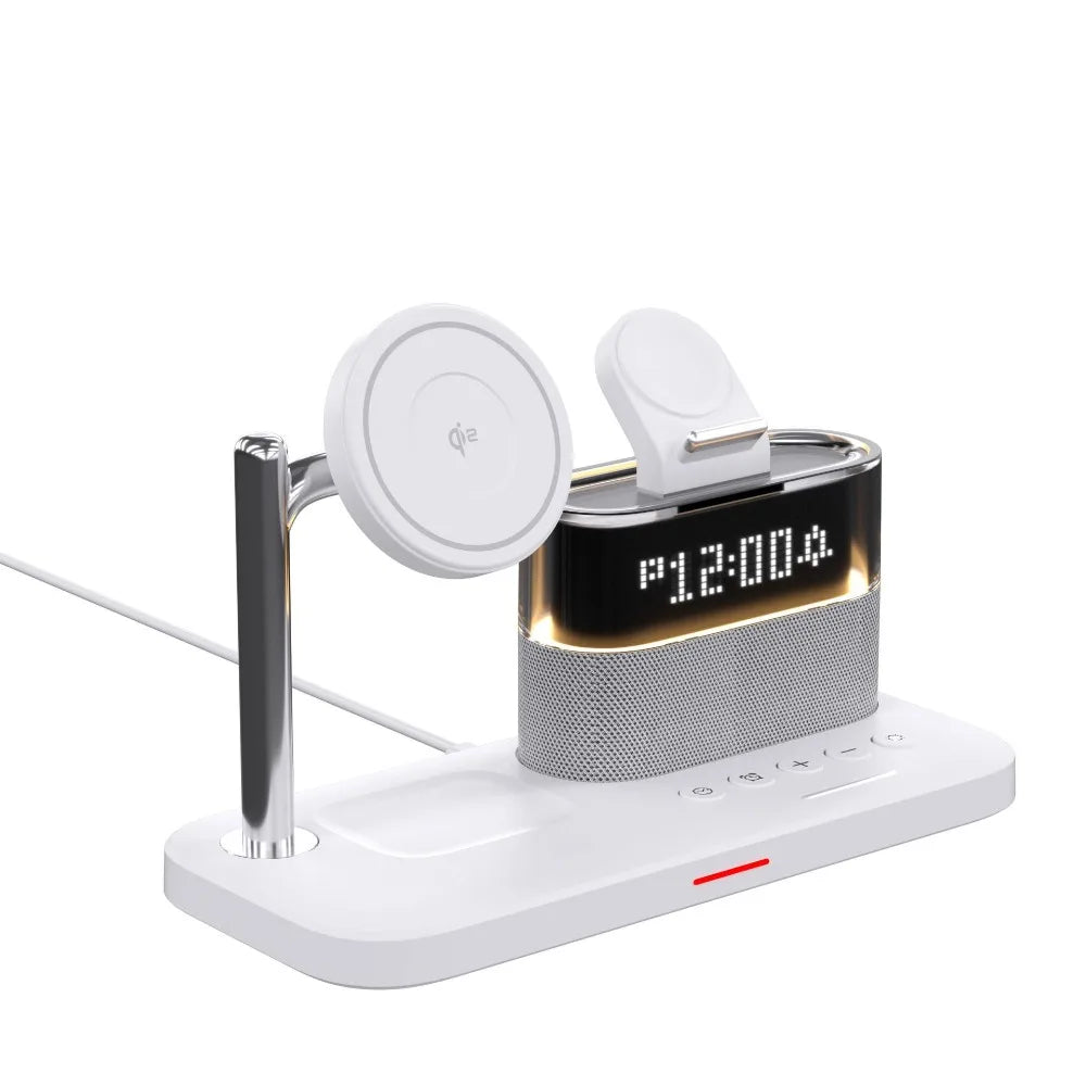 Carregador sem fio Qi2 5 em 1, carregamento rápido de 15 W, suporte magnético com despertador e suporte para carregamento de telefone