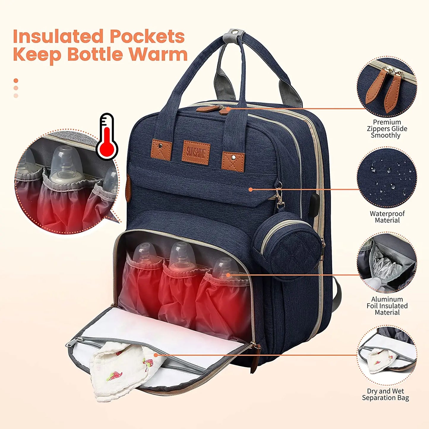 Mochila para fraldas 3 em 1, dobrável, para berço de bebê, à prova d'água, com carregador USB, mochila para fraldas e trocador, 3 tipos