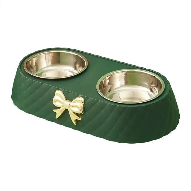 Tigela de comida para gatos com base de PP e laço, alimentador de gatos em aço inoxidável, tigela dupla para alimentação de cães e bebedouros, suprimentos para animais de estimação