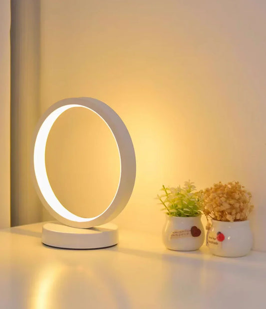 Luminária de mesa circular LED de 20 cm, simples, de cabeceira, para quarto, sala de estar, restaurante, hotel, lâmpada decorativa, luz noturna redonda regulável