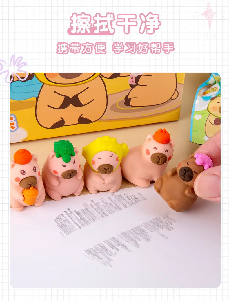32 unidades/caixa bolsa surpresa de capivara fofa com desenho animado borracha material de papelaria para estudantes atacado