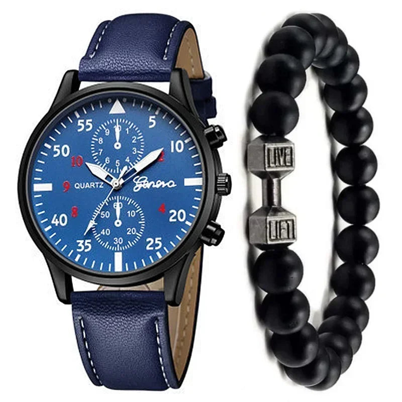 Conjunto de relógios esportivos masculinos 4/2/1 peças, relógio de pulso de quartzo luxuoso com pulseira de couro marrom, relógio casual masculino (sem caixa)