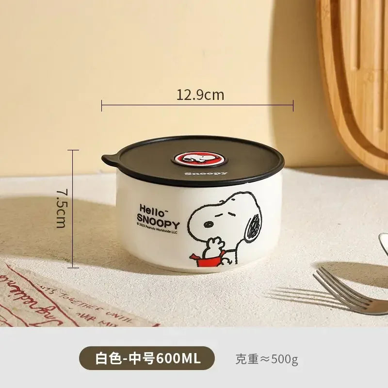 Tigela de segurança periférica de desenho animado do Snoopy, caixa de cerâmica selada com tampa, pode ser levada ao micro-ondas e portátil para trabalhadores de escritório