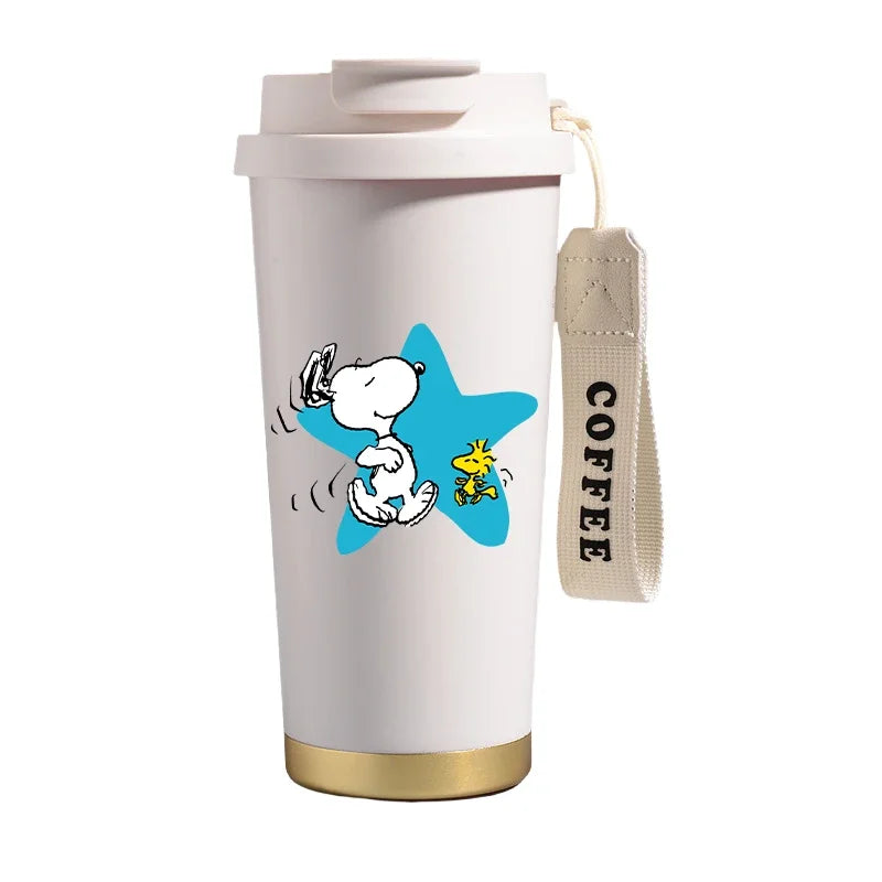 Garrafa térmica de aço inoxidável Snoopys 500ml, anime Kawaii, portátil, viagem, ar livre, carro, chá, café, caneca térmica fria