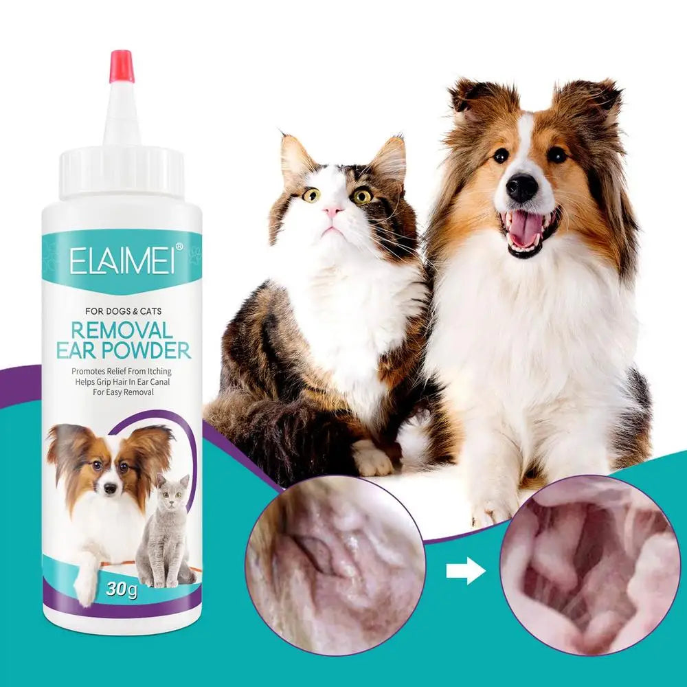 Pó para orelhas de cachorro 30g, pó para lavagem de orelhas, limpador seguro para cães, para orelhas saudáveis, remoção de odores, acessórios para animais de estimação, limpador de orelhas para coelhos e gatos
