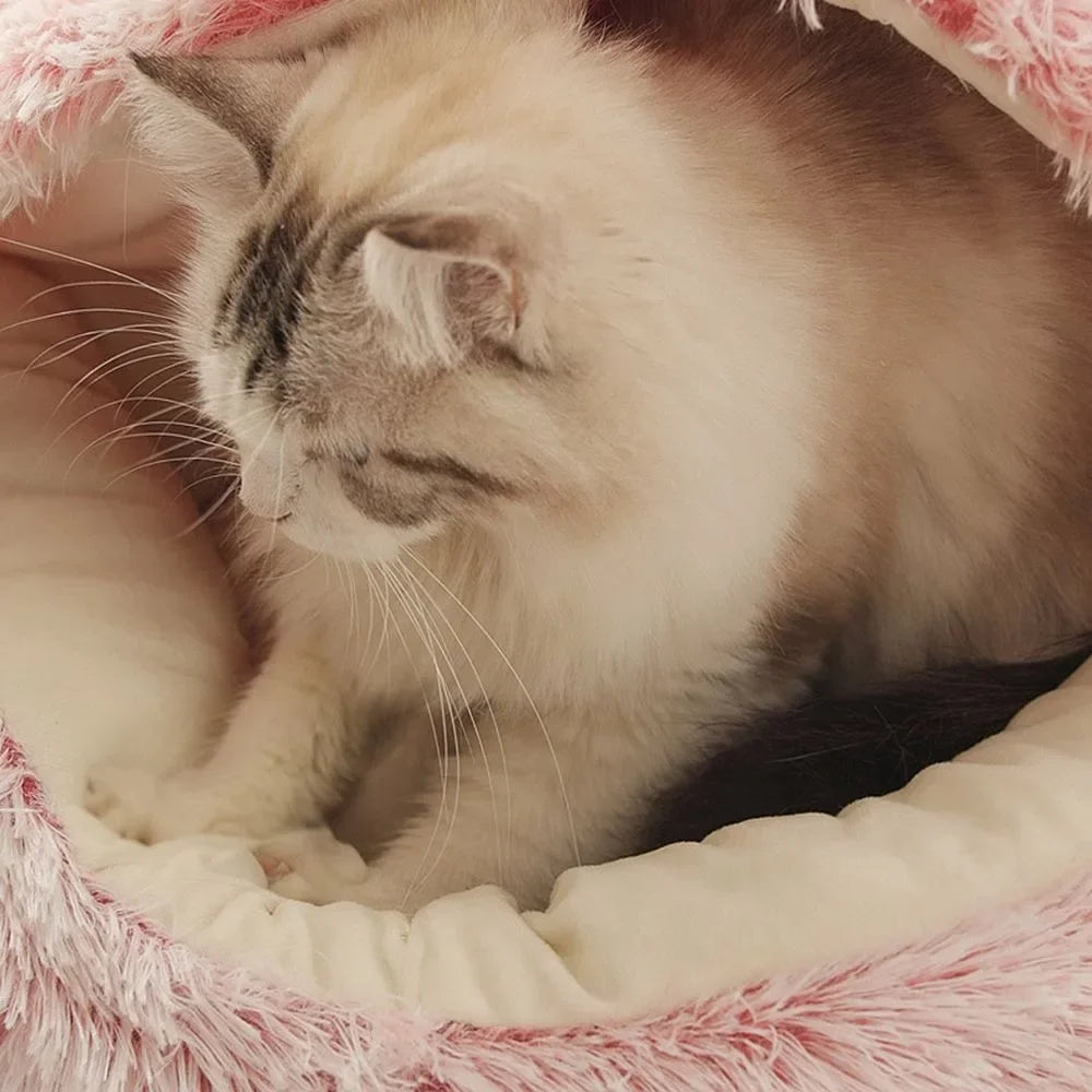 Cama de pelúcia longa e macia para animais de estimação, fechada, redonda, almofada para gatos, confortável, saco de dormir, ninho para gatos, canil para pequenos animais de estimação