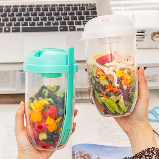1 peça/copo de salada portátil, tigela de salada de café da manhã com garfo, lancheira escolar, armazenamento de alimentos, caixa bento, iogurte, aveia, cereal, leite, copo