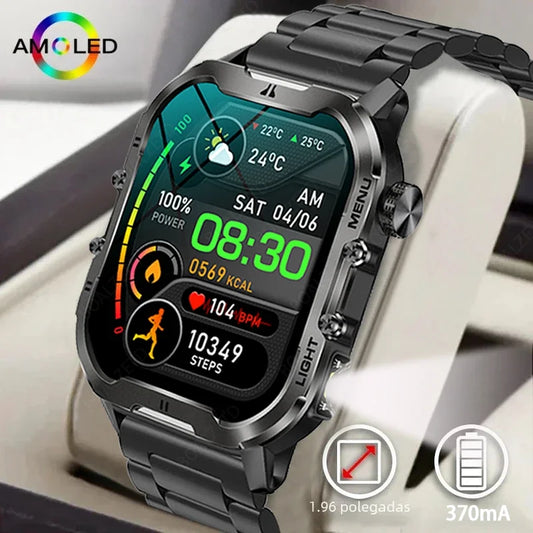 Novo relógio inteligente militar Xiaomi 2024 para homens, esportes ao ar livre, lanterna, fitness, monitor de saúde, 1,96" BT Call Smartwatch