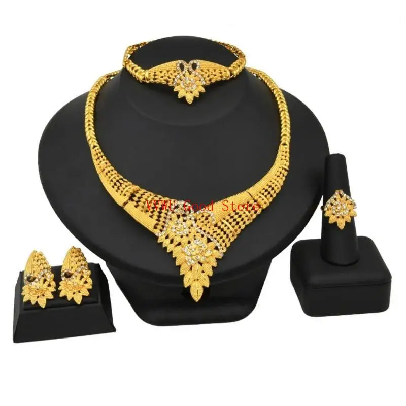 Conjunto de joias florais com strass dourados resistentes, acessório de moda portátil para noivas e festas noturnas