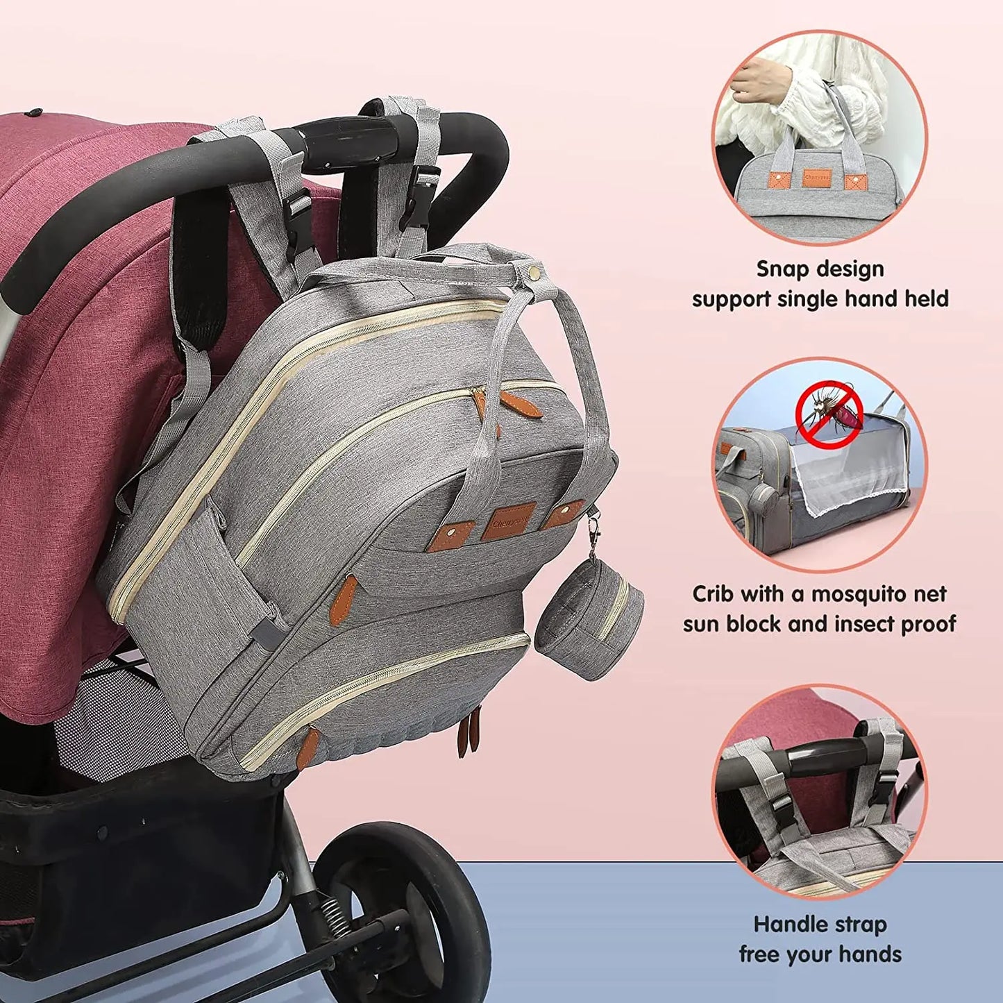 Mochila para fraldas 3 em 1, dobrável, para berço de bebê, à prova d'água, com carregador USB, mochila para fraldas e trocador, 3 tipos
