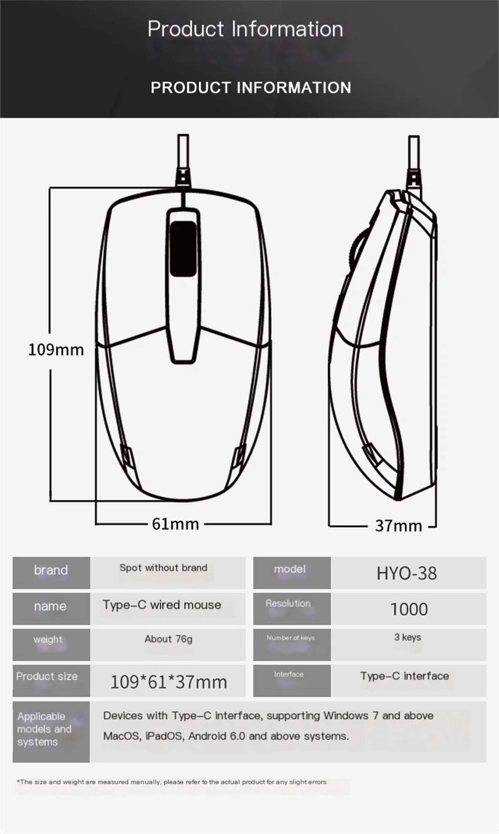 Mouse com fio tipo C, sistema plug and play, leve, portátil, com botão de baixo ruído, para uso em escritório, para negócios e escritório