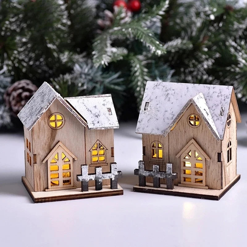 Cabana de madeira com luzes LED, enfeites de Natal, decorações de Natal para a família, cabana de Natal, presentes para crianças