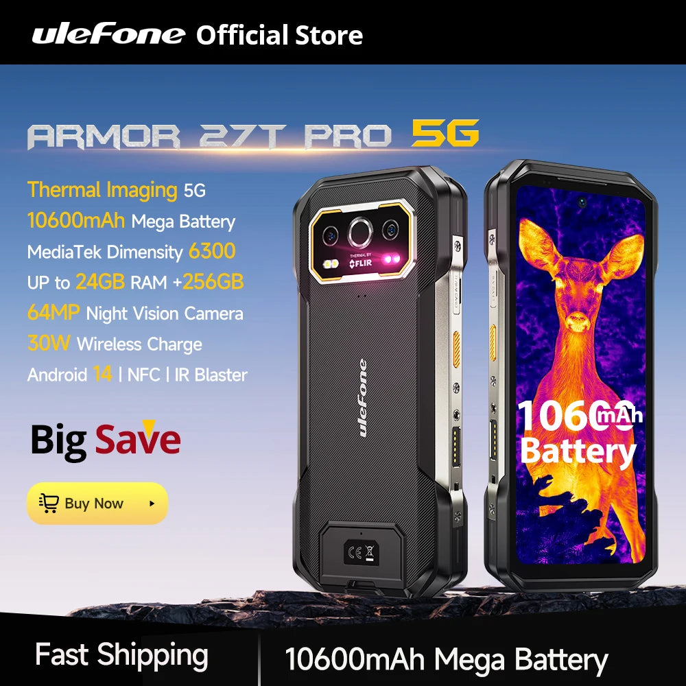 Ulefone Armor 27T Pro 5G, telefone robusto, 10600mAh, Android 14, smartphone com câmera noturna de 50MP+64MP, 6,78" 120Hz, 24GB+256GB NFC