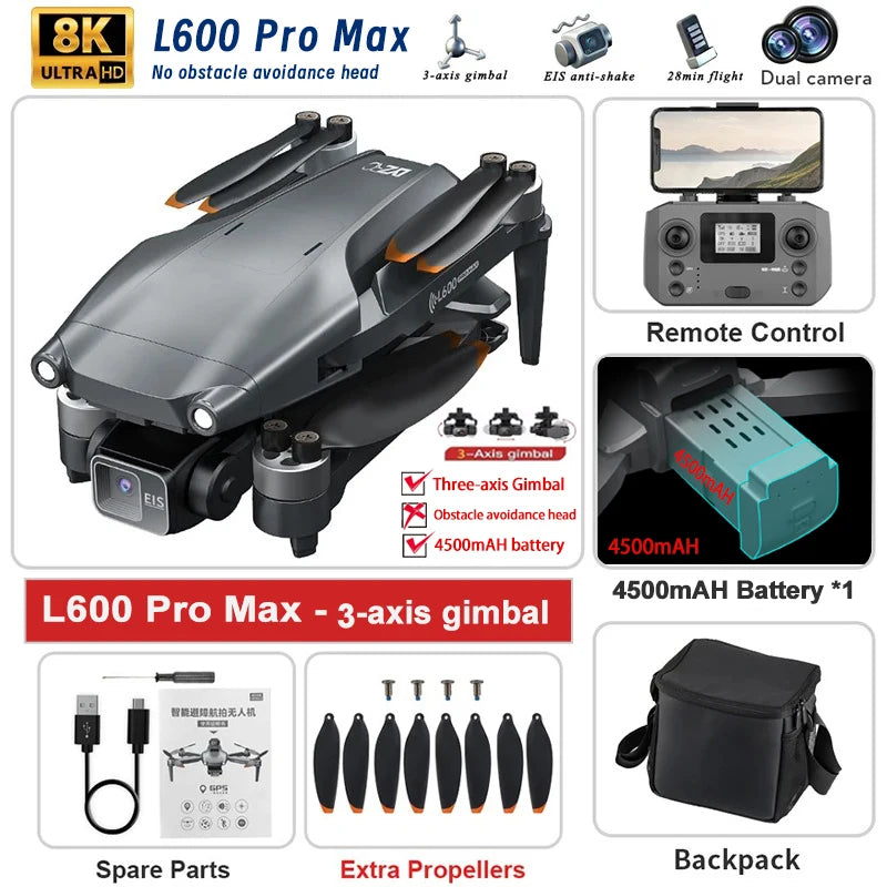 2025 Novo L600 PRO MAX GPS Drone 5KM 4K Profissional HD Câmera Dupla Gimbal de 3 Eixos 360 Evitação de Obstáculos Quadricóptero Sem Escovas Brinquedo