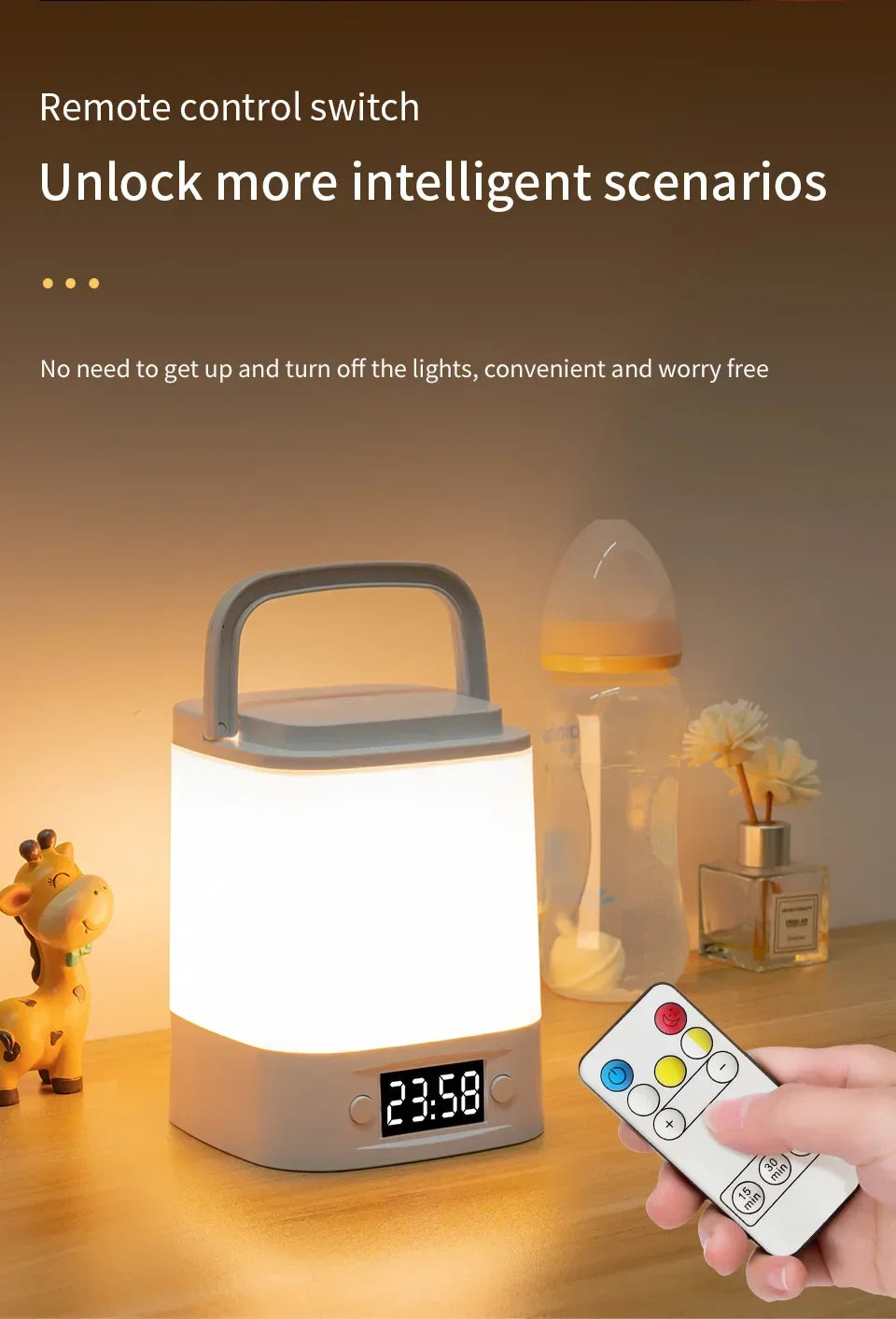 Lâmpada noturna LED com controle remoto e display de hora ou sem proteção para os olhos, lâmpada de leitura, luz noturna de cabeceira recarregável