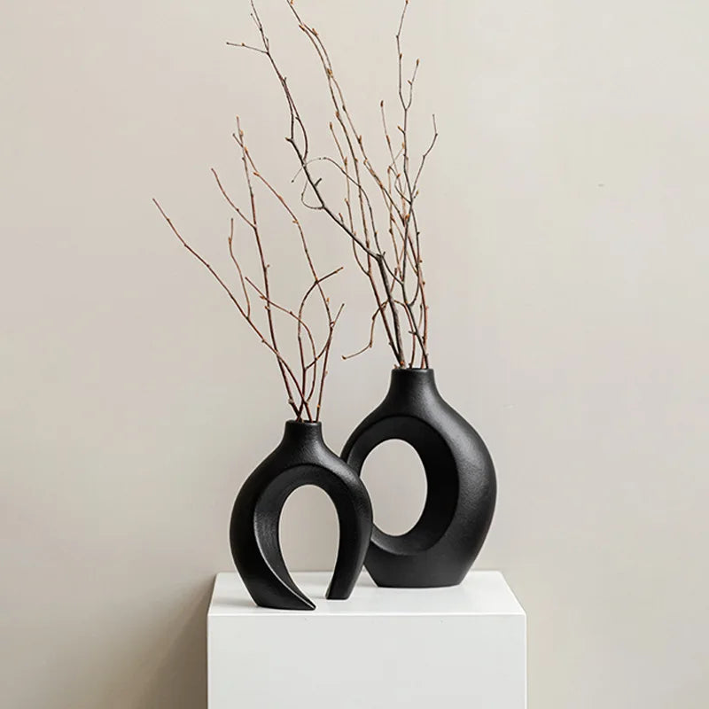 Vaso de cerâmica vazado, 2 para decoração moderna de casa, vaso estilo donut boho, vaso decorativo minimalista preto e branco