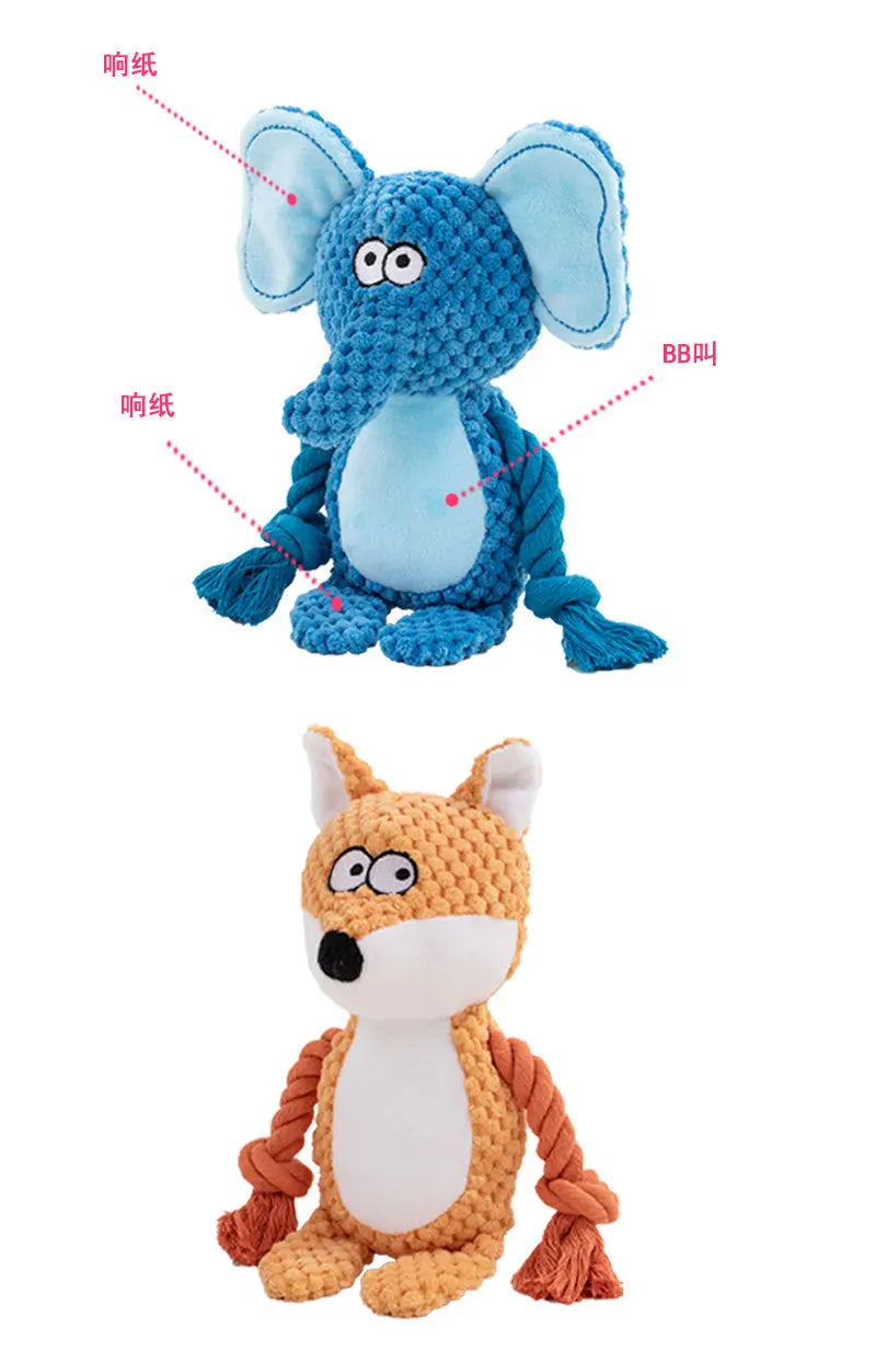 Brinquedos de pelúcia com corda que fazem barulho para cães: Raposa, Sapo, Porco, Animal, Puxador, Cordão de algodão resistente a mordidas - Treinamento interativo para vínculo de filhotes